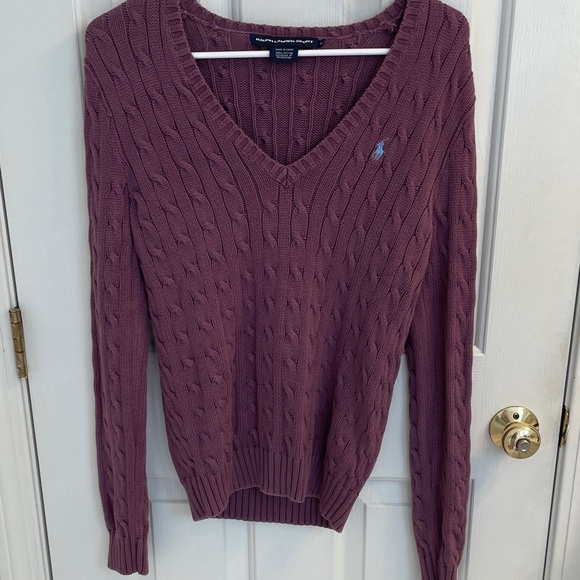 Ralph Lauren Women's Purple V-Neck Cotton Cable Knit Sweater - Picture 1 of 13